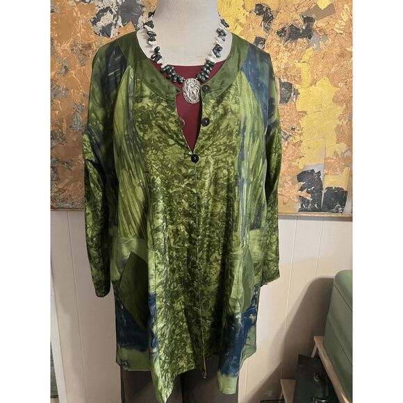 Exotica Womens Large Carmel Silky Green Batik Long Sleeved Kimono Jacket Pockets - Picture 1 of 8